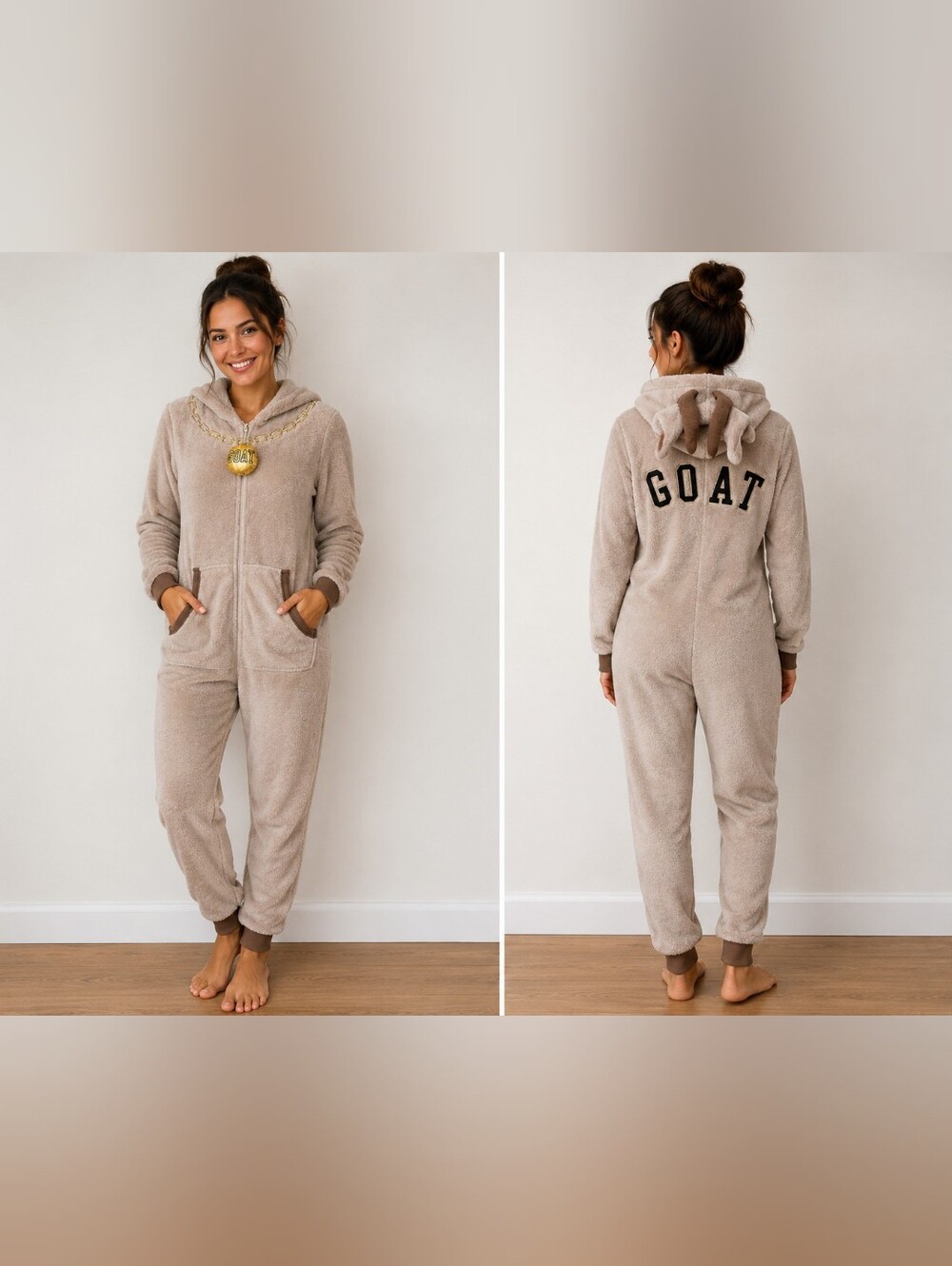 Plush Hooded GOAT Jumpsuit Taupe Pajamas Costume